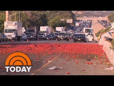 Tomatoes spill onto California shrimp-entry dual carriageway after truck crashes