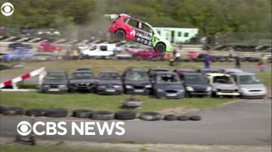 British drivers strap themselves in for automobile-jumping competitors