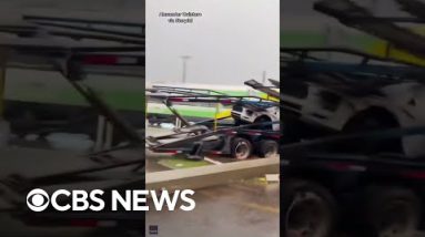 Mutter crashes into loaded automotive hauler stuck on railroad tracks in Florida #shorts