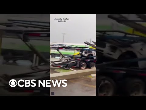 Mutter crashes into loaded automotive hauler stuck on railroad tracks in Florida #shorts