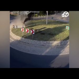 Vehicle goes flying after driver goes into roundabout at excessive tempo