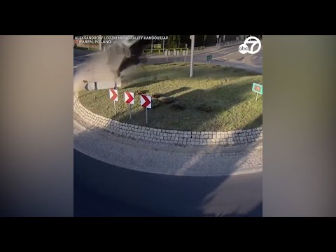 Vehicle goes flying after driver goes into roundabout at excessive tempo