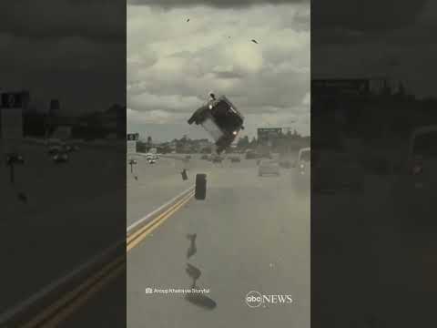 Automobile flips after being hit by flying tire | ABC News