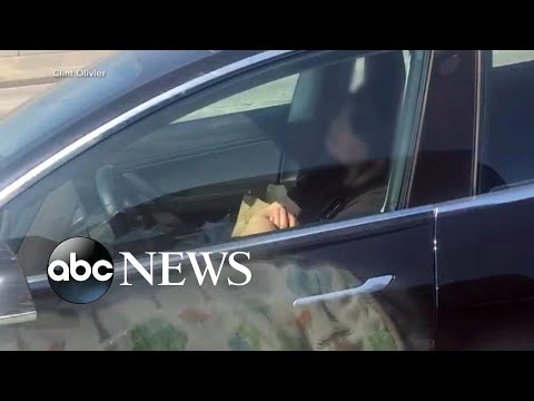 Driver asleep on the wheel of his Tesla on busy throughway in Los Angeles