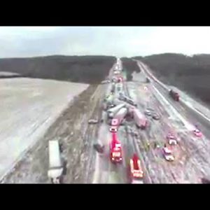 Drone video shows aftermath of fifty-car pile-up in Missouri