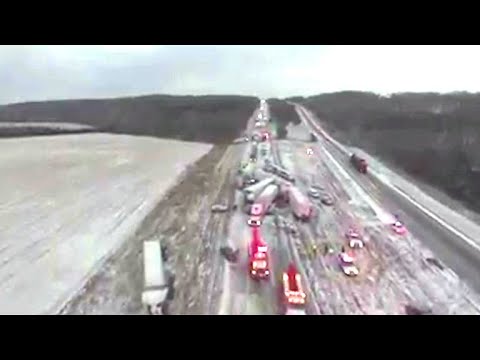 Drone video shows aftermath of fifty-car pile-up in Missouri