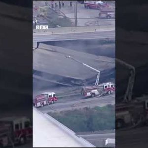 US dual carriageway collapses after oil tanker blaze #Shorts #Philadelphia #BBCNews