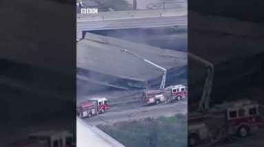 US dual carriageway collapses after oil tanker blaze #Shorts #Philadelphia #BBCNews