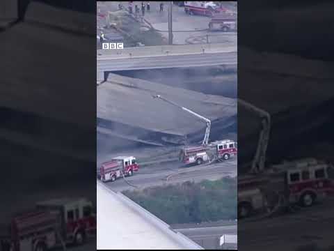 US dual carriageway collapses after oil tanker blaze #Shorts #Philadelphia #BBCNews