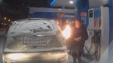 Girl sparks fire searching to unfreeze gasoline pump with lighter