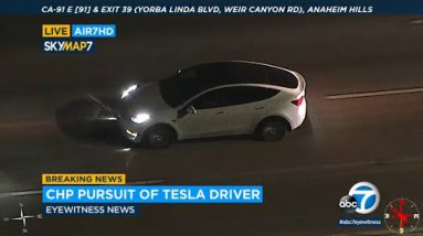 Dash: Driver in Tesla with shredded tires leads CHP on pursuit in OC