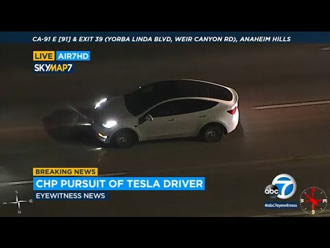 Dash: Driver in Tesla with shredded tires leads CHP on pursuit in OC